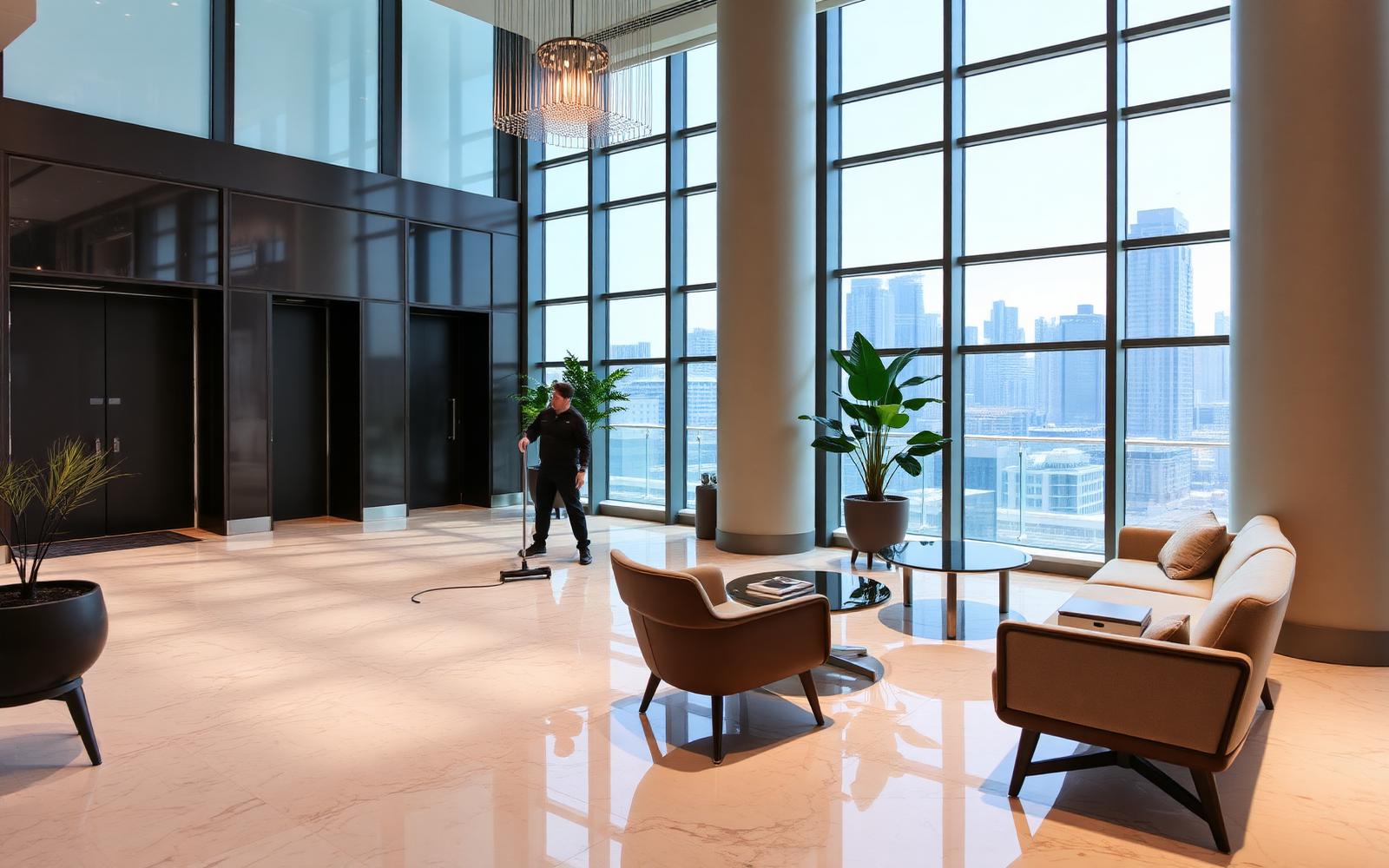 Alkhan cleaner polishing marble floors in a Toronto condo lobby